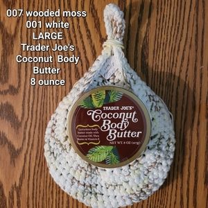 LG WOODED MOSS/WHITE CROCHETED  HANGING  BASKET TRADE JOE'S COCONUT BODY BUTTER